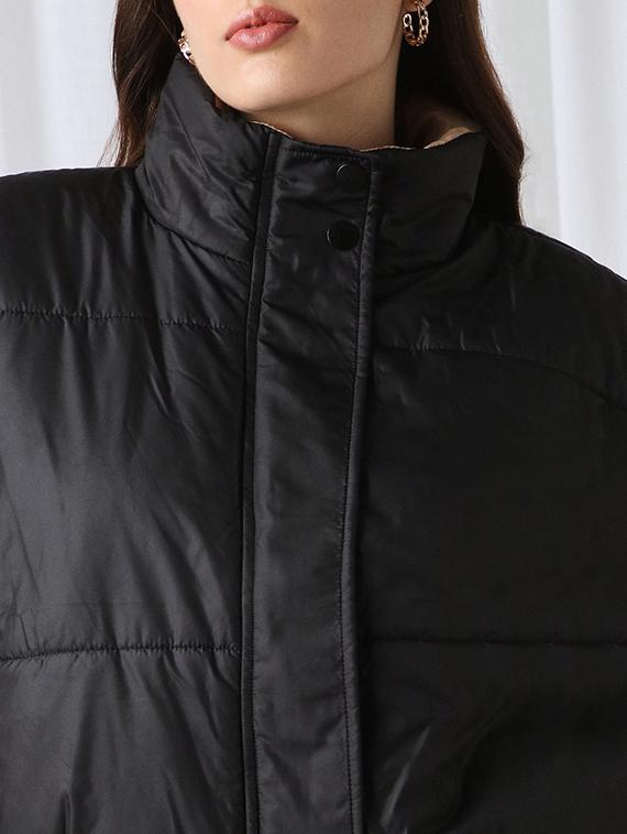 women black solid stand collar long sleeve puffer jacket - 22069722 - Standard Image - 3