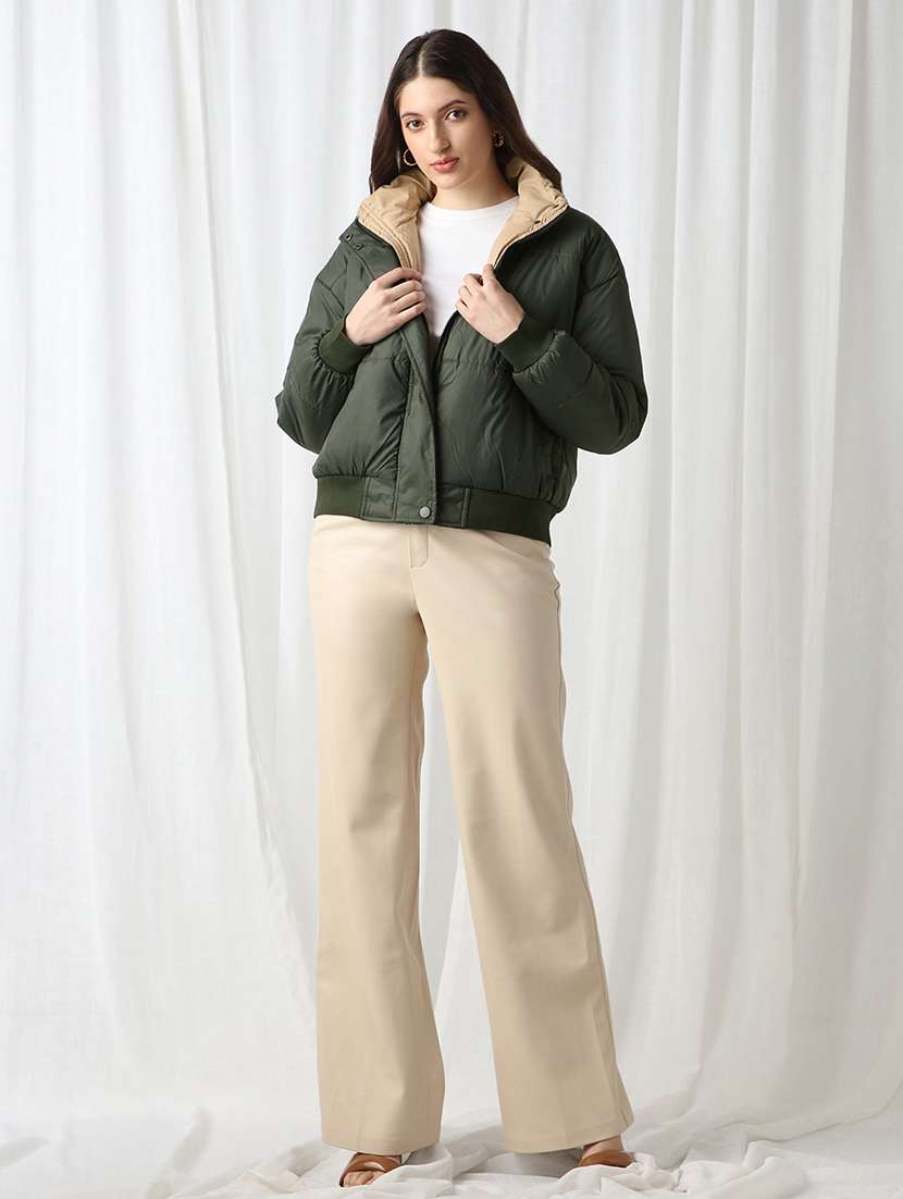 globus women olive high neck long sleeves winter wear puffer jacket - 22069723 -  Standard Image - 3