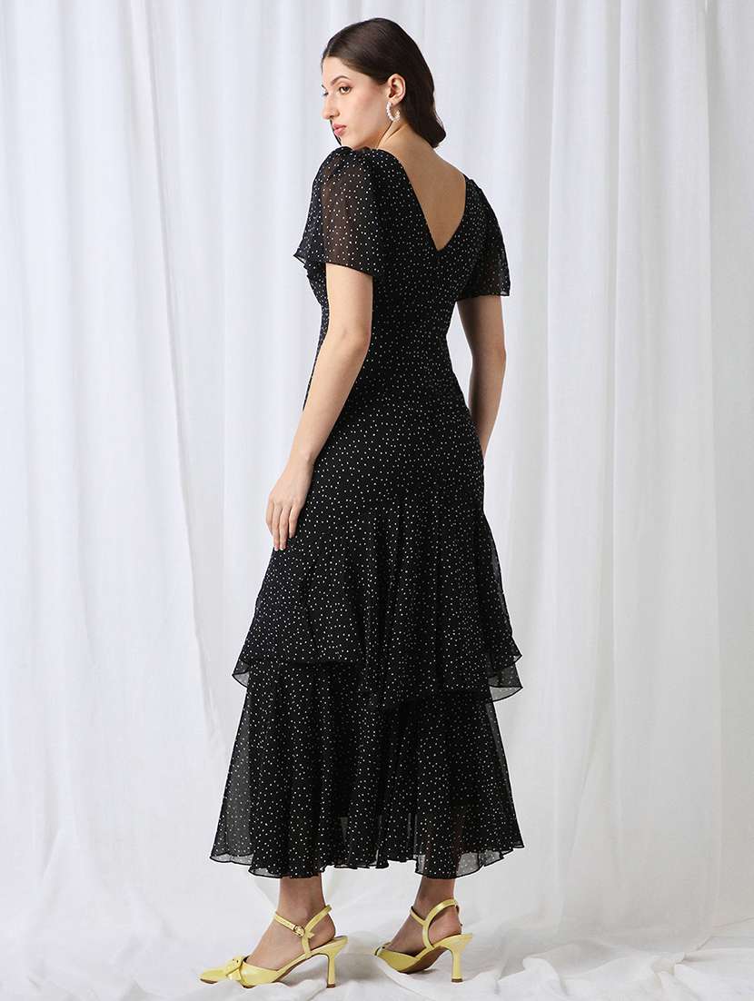 globus women black v-neck flared sleeves polka dot georgette layered fit & flare maxi party dress - 22069724 -  Standard Image - 3