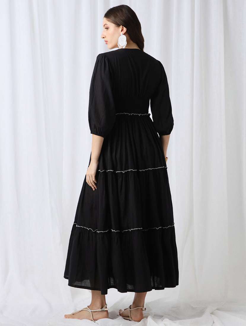 globus women black v-neck puff sleeves solid smocked gathered tiered fit & flare maxi dress - 22069725 -  Standard Image - 3