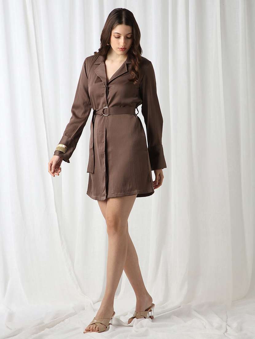 globus women brown notched lapel cuffed sleeves self design mini workwear blazer dress with d-ring belt
