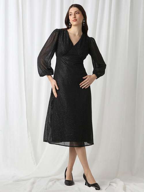 women black slef designed puff sleeve a-line dress - 22069732 -  Standard Image - 0
