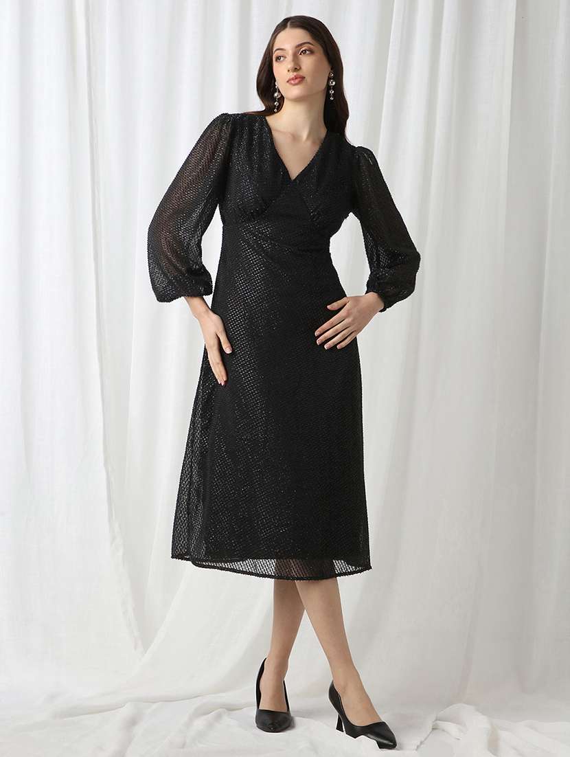 women black slef designed puff sleeve a-line dress - 22069732 -  Zoom Image - 0