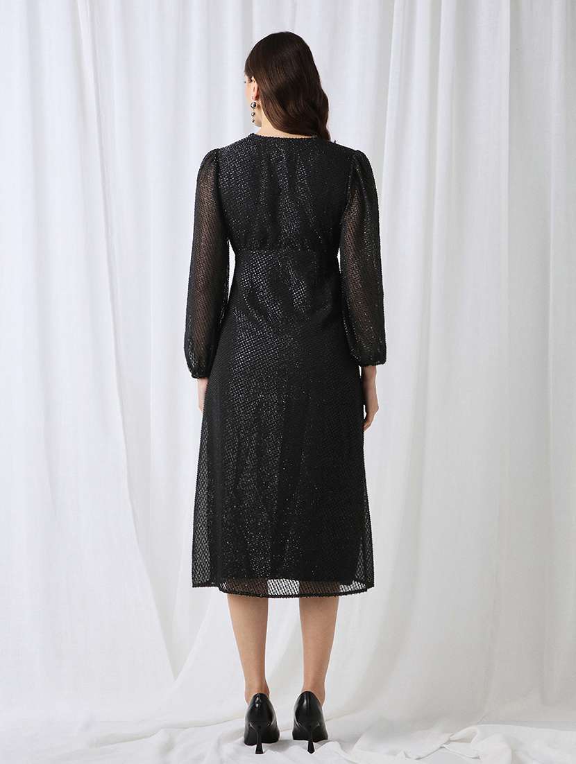 women black slef designed puff sleeve a-line dress - 22069732 - Standard Image - 3