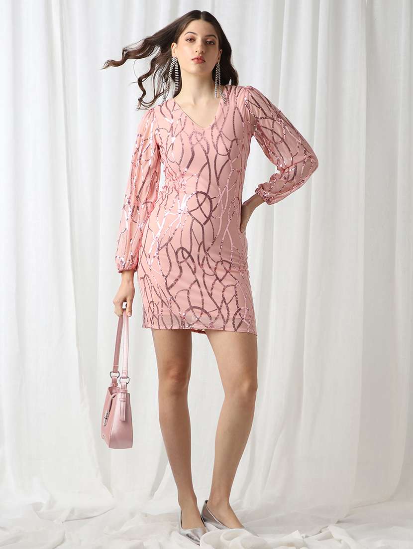 globus women pink v-neck bishop sleeves embellished mini bodycon party dress