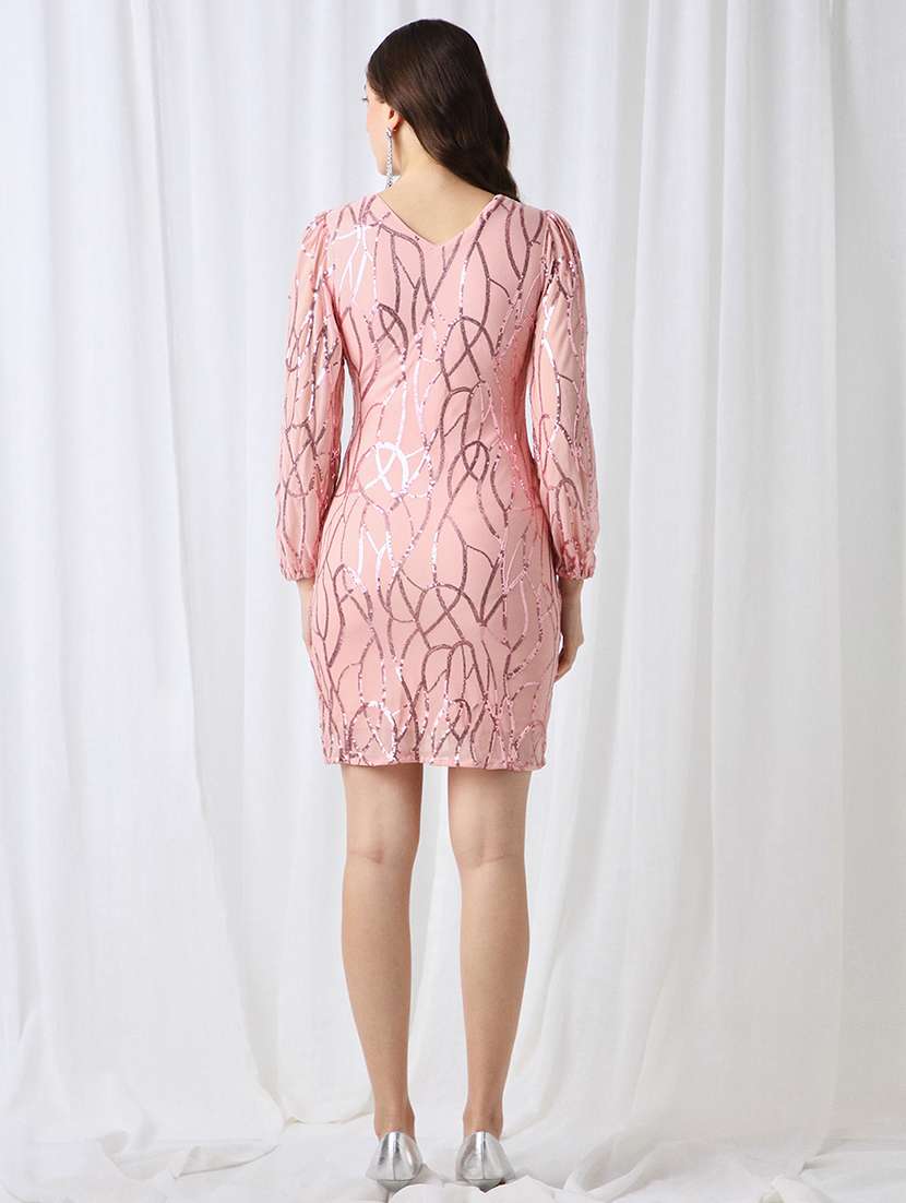 globus women pink v-neck bishop sleeves embellished mini bodycon party dress - 22069733 - Standard Image - 3