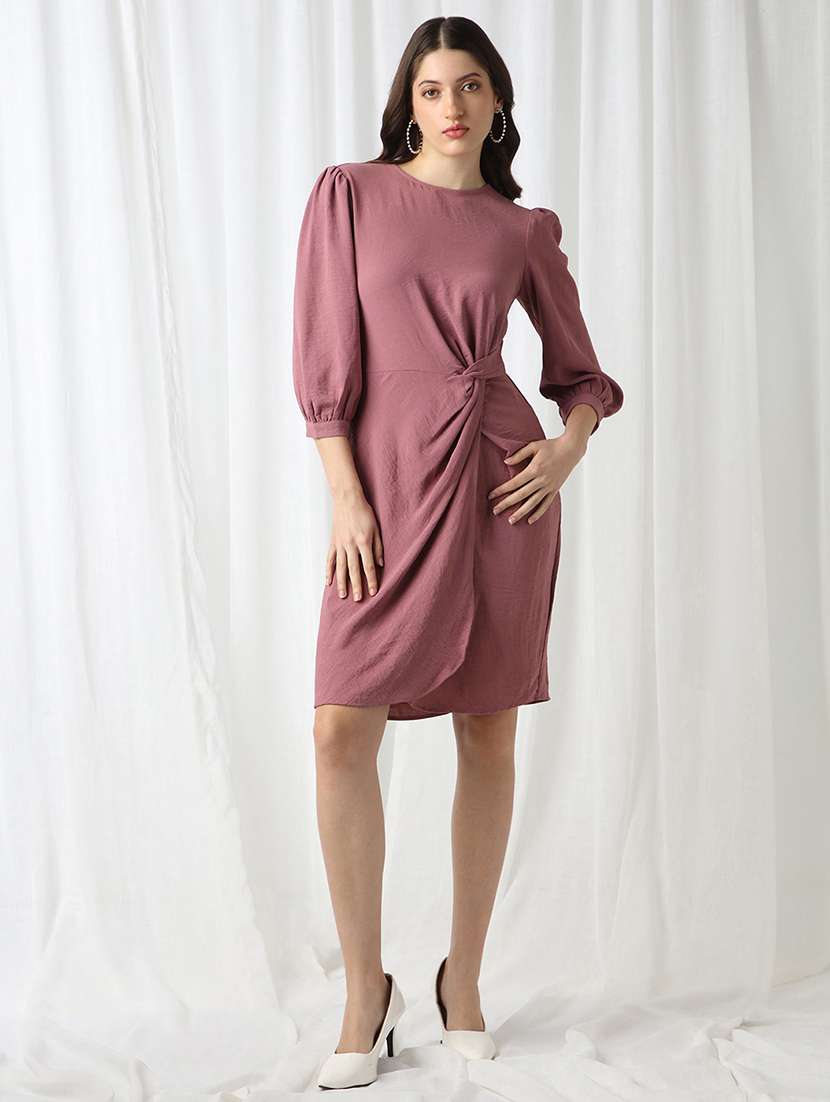 women mauve solid puff sleeve sheath dress - 22069735 - Zoom Image - 0