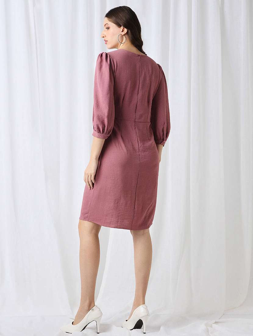 women mauve solid puff sleeve sheath dress - 22069735 - Standard Image - 3