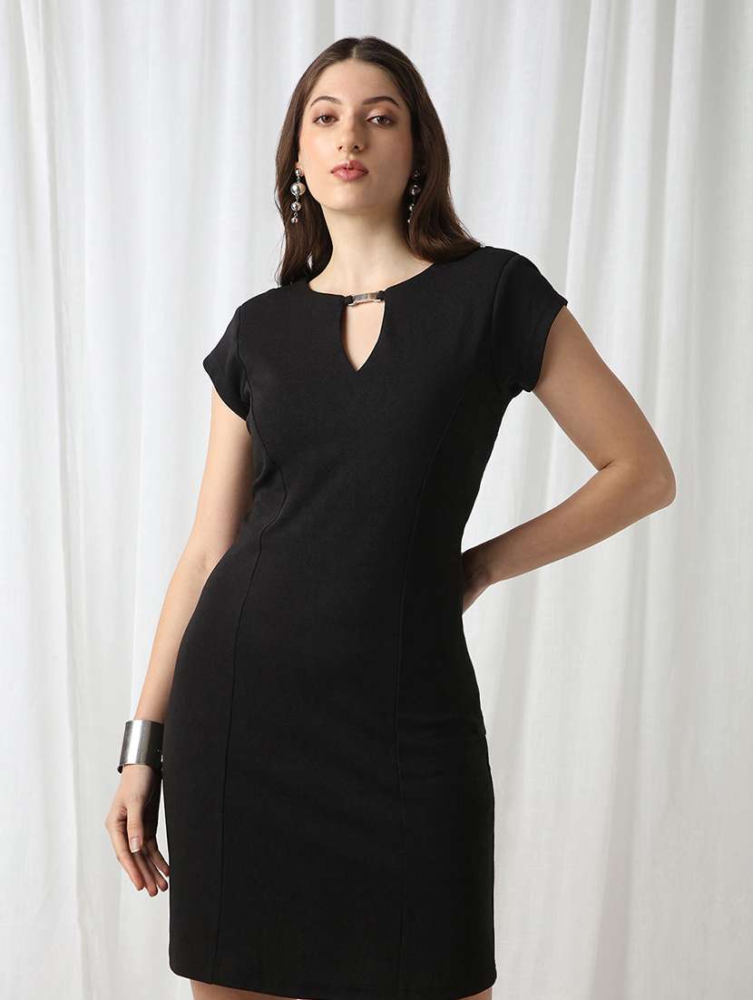globus women black round neck short sleeves self design buckle detail mini workwear sheath dress - 22069737 -  Zoom Image - 0