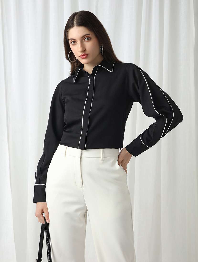 globus women black collared neck cuffed sleeves piping detail workwear shirt - 22069741 -  Zoom Image - 0