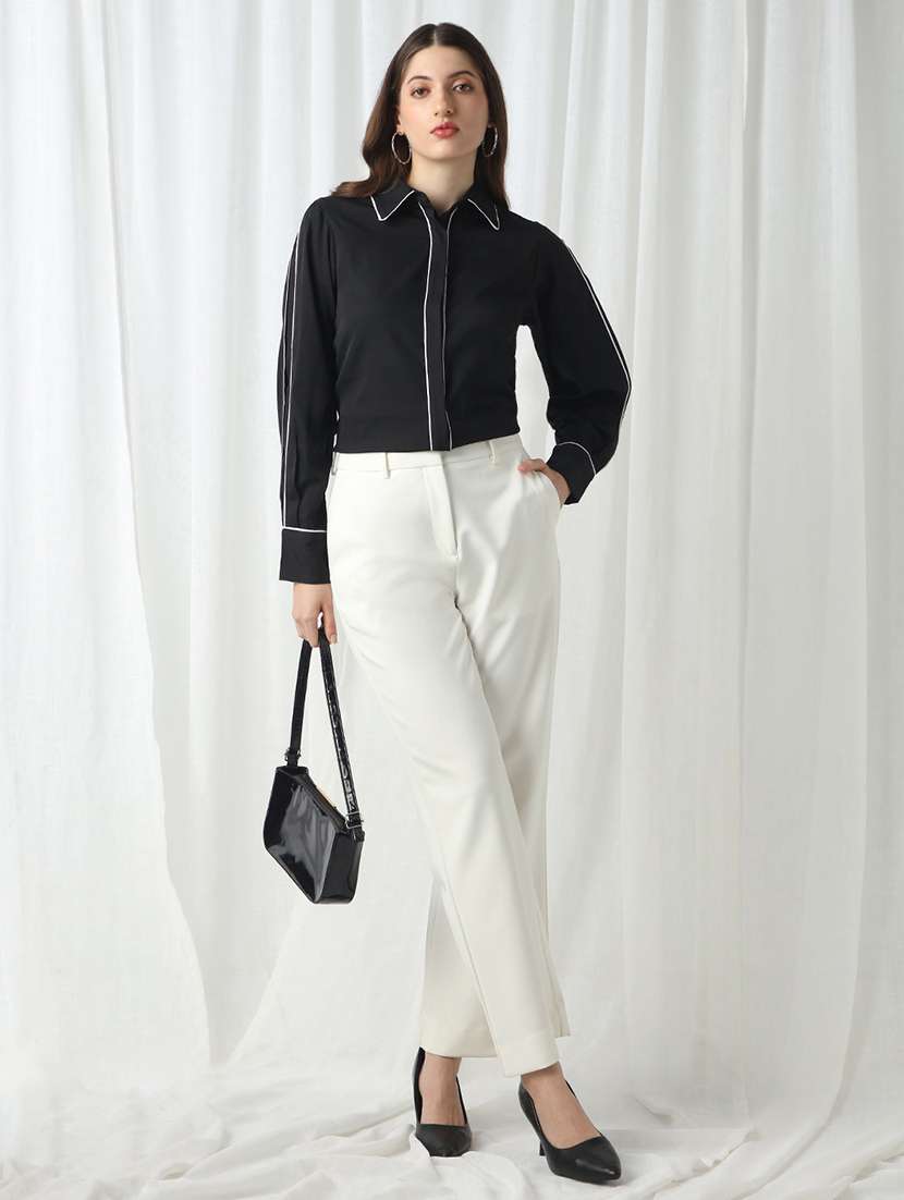 women black solid collared long sleeve shirt - 22069741 - Standard Image - 3
