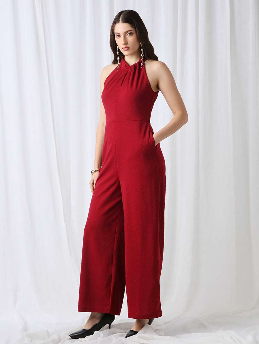 globus women maroon twisted halter neck sleevesless pleated detaling wide leg jumpsuit  - 22069745 -  Standard Image - 3