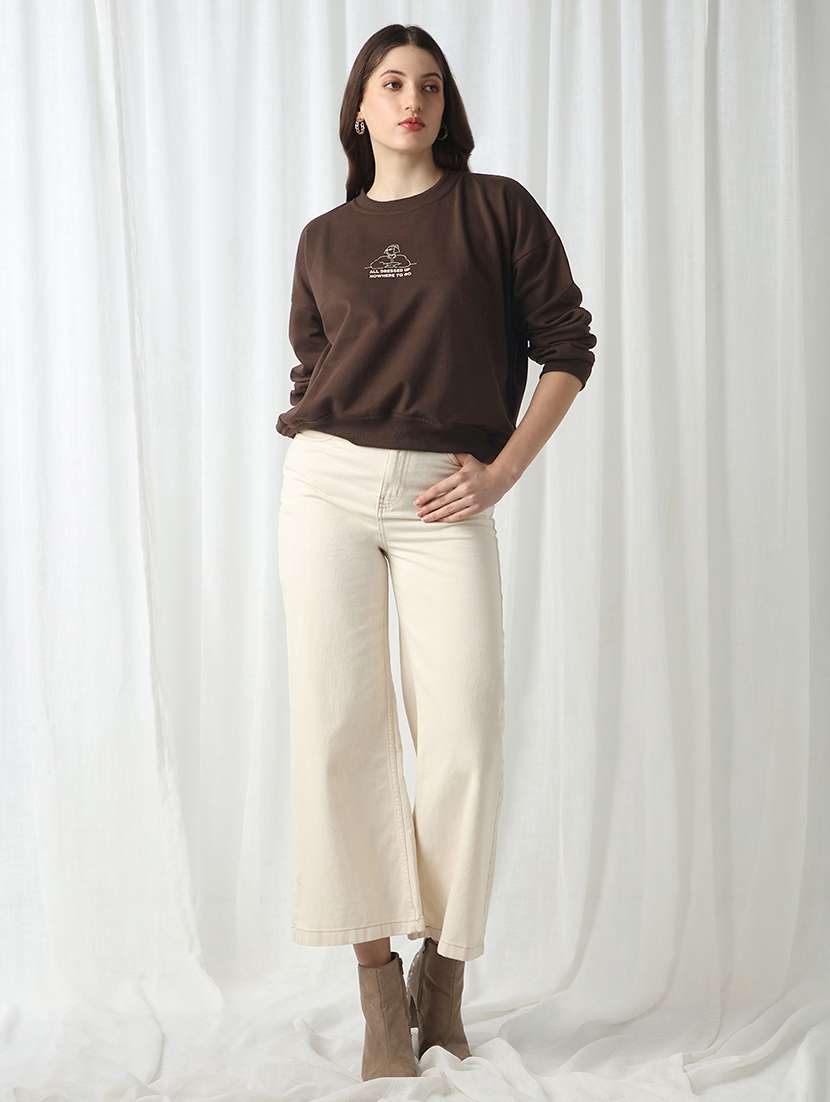 globus women brown drop shoulder sleeves graphic print ribbed hem oversized sweatshirt - 22069748 -  Standard Image - 3