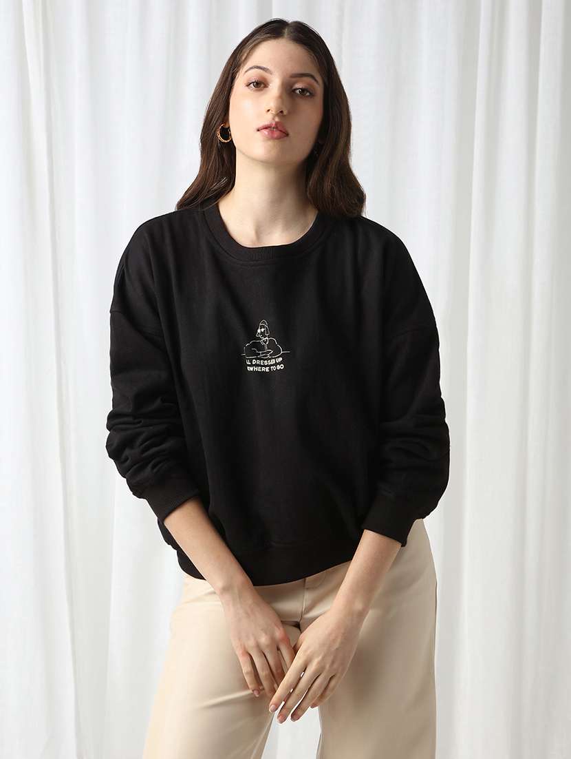 globus women black drop shoulder sleeves graphic print ribbed hem oversized sweatshirt