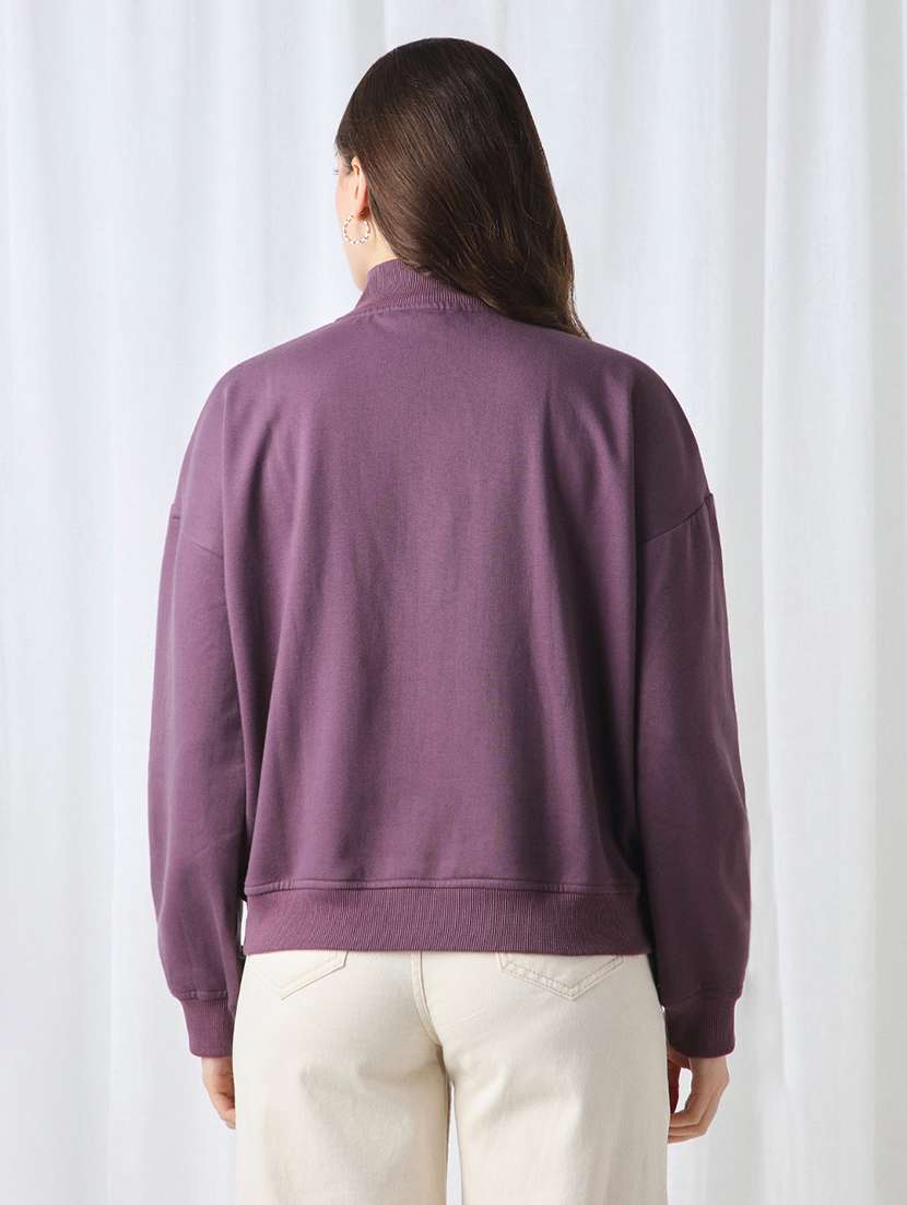 globus women lavender drop shoulder sleeves half zipper high neck ribbed hem oversized sweatshirt - 22069753 -  Standard Image - 3