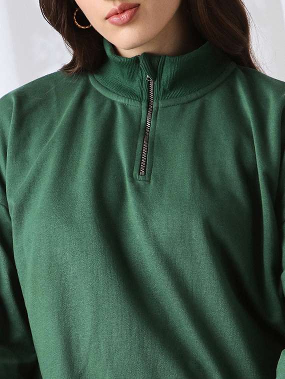 globus women green drop shoulder sleeves half zipper high neck ribbed hem oversized sweatshirt - 22069754 -  Standard Image - 3