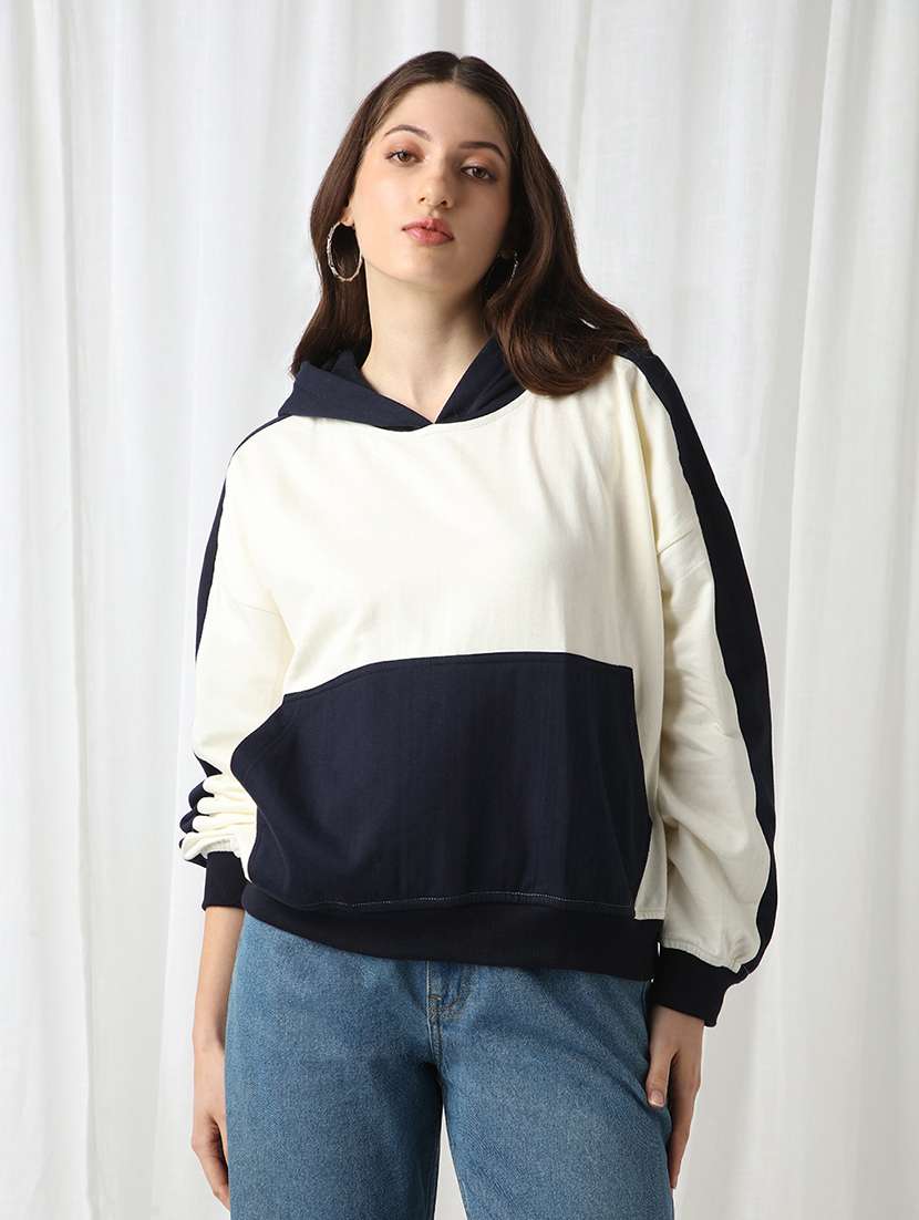 globus women navy blue colorblock drop shoulder sleeves kangaroo pocket hooded oversized sweatshirt