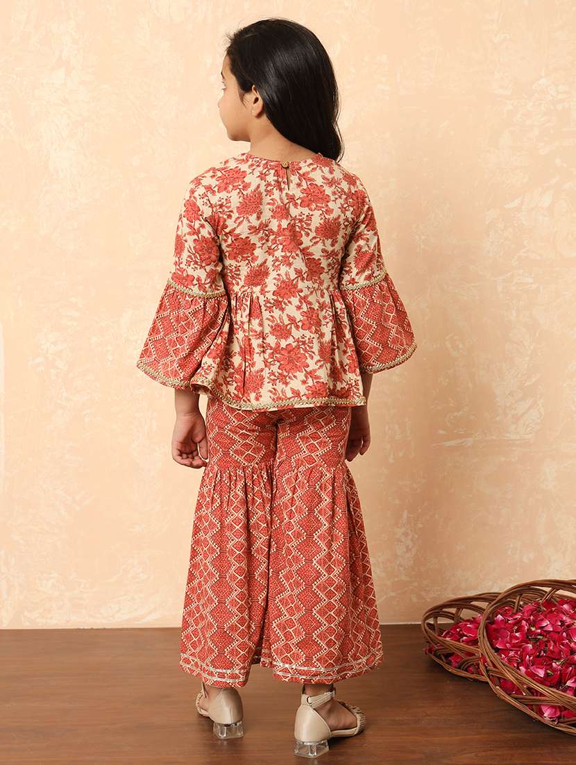 girls printed bell sleeve kurta and sharara set  - 22069765 -  Standard Image - 3