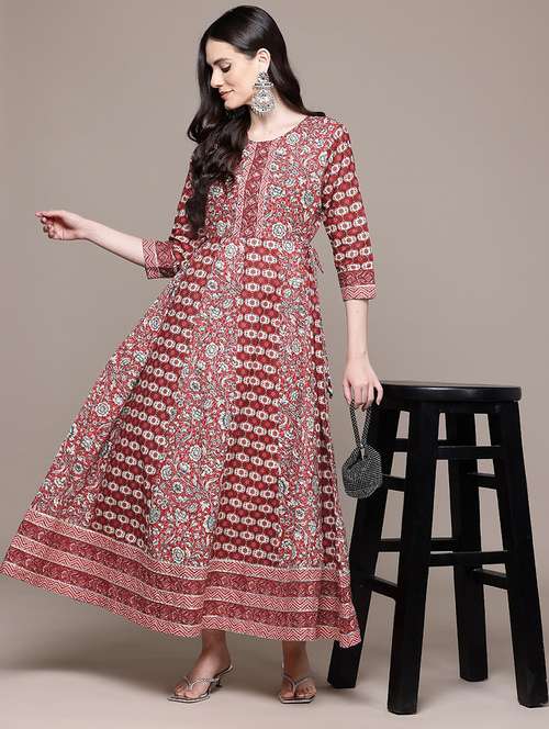 women printed three quarter sleeve ethnic dress - 22069767 -  Standard Image - 0
