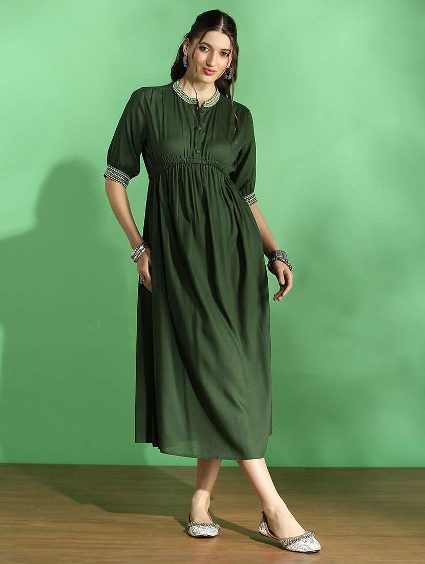 globus women green embroidered mandarin collar puff sleeve gathered details fit & flare midi dress - 22069768 -  Zoom Image - 0