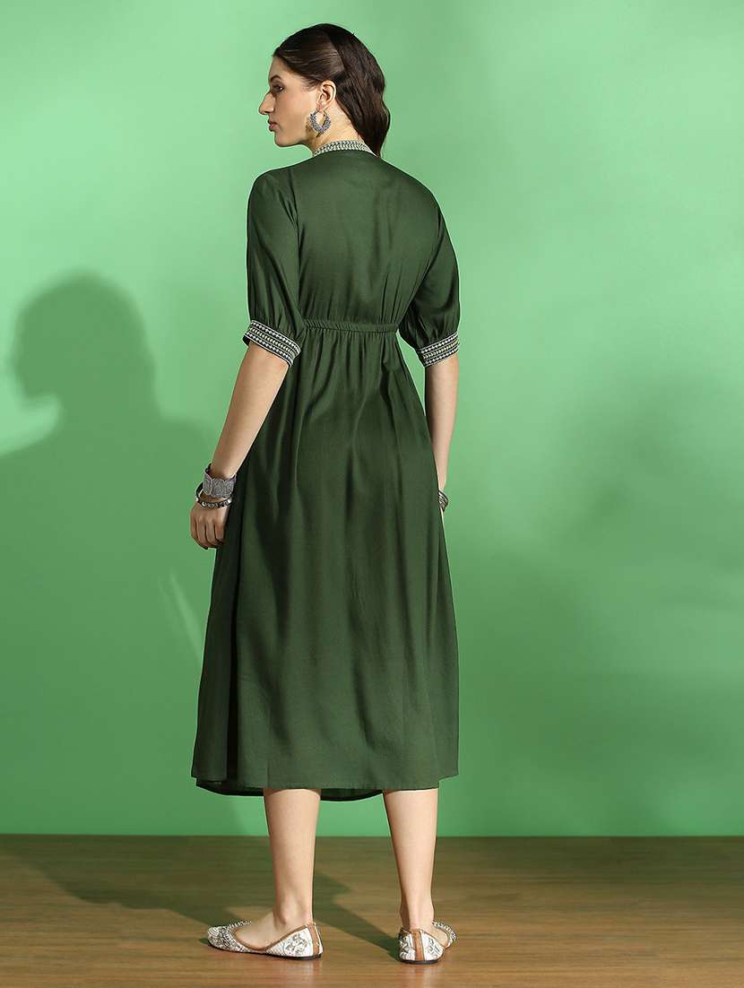 globus women green embroidered mandarin collar puff sleeve gathered details fit & flare midi dress - 22069768 -  Standard Image - 3