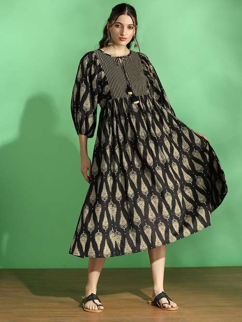 globus women black ethnic print round tie-up neck bishop sleeves tiered fit & flared midi dress - 22069769 -  Standard Image - 0