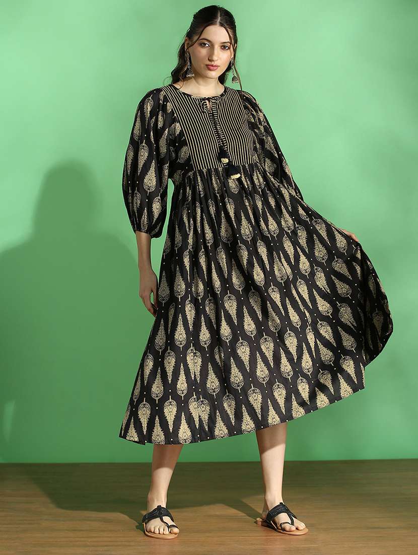 globus women black ethnic print round tie-up neck bishop sleeves tiered fit & flared midi dress - 22069769 -  Zoom Image - 0