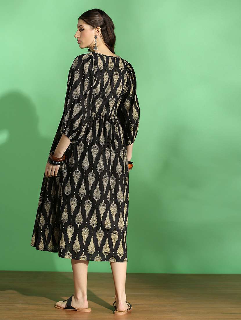 globus women black ethnic print round tie-up neck bishop sleeves tiered fit & flared midi dress - 22069769 -  Standard Image - 3