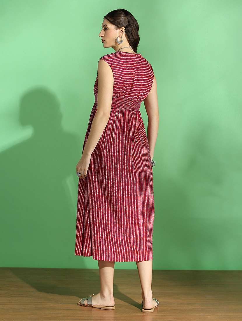 globus women fuchsia stripes twisted v-neck extended sleeves pleated fit & flare midi fusion dress - 22069770 -  Standard Image - 3