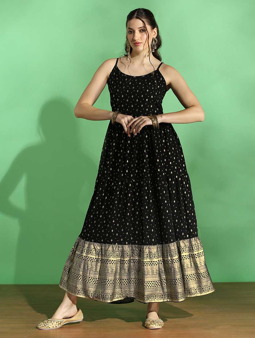 globus women black strappy shoulder gold foil ethnic motifs smocked tiered fit & flare maxi festive dress
