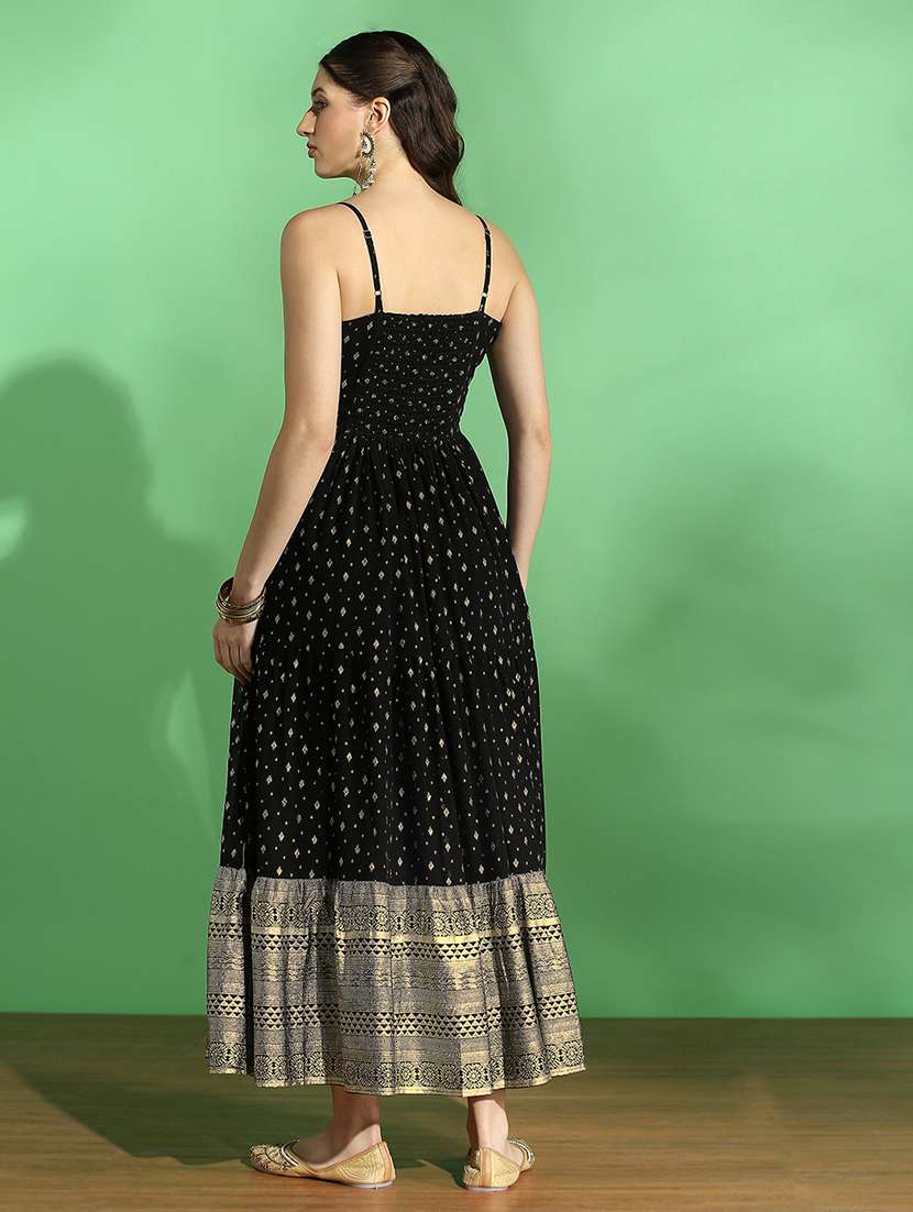 globus women black strappy shoulder gold foil ethnic motifs smocked tiered fit & flare maxi festive dress - 22069772 -  Standard Image - 3