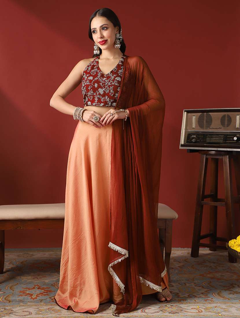 women solid with work flared stitched lehenga