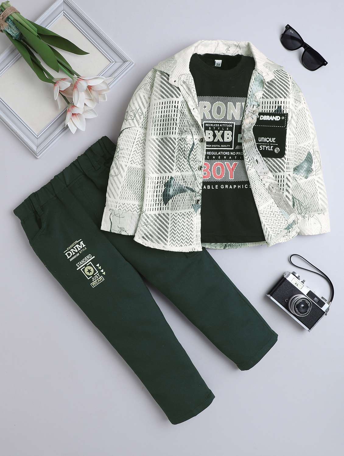 boys printed shirt and trouser with t-shirt set - 22070245 -  Zoom Image - 0