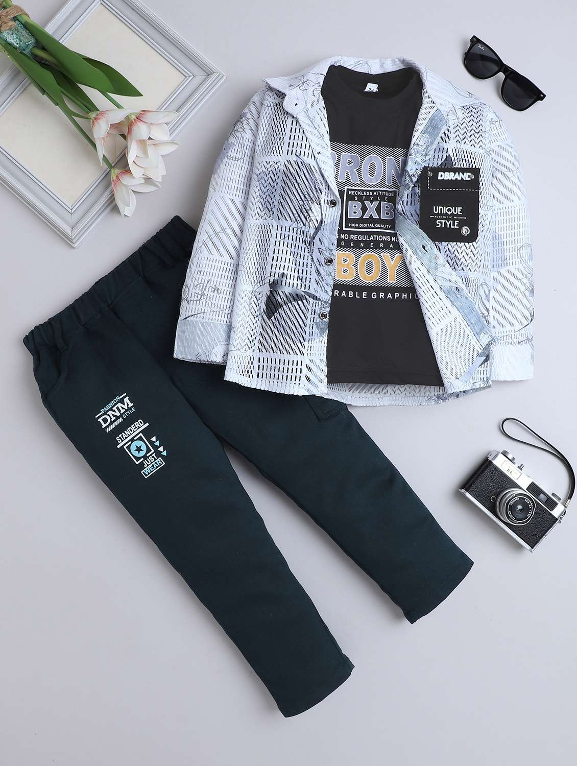 boys printed shirt and trouser with t-shirt set