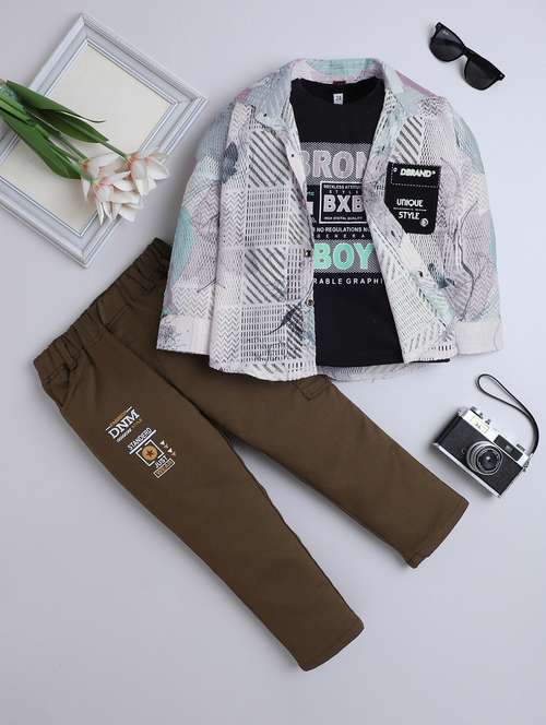 boys printed shirt and trouser with t-shirt set - 22070247 -  Standard Image - 0