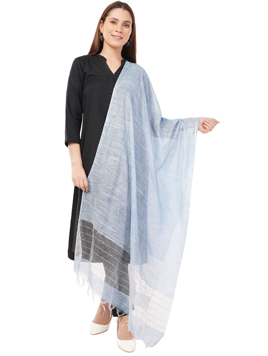 women dupatta with self linen like body with tiny sequins highlighting the edges