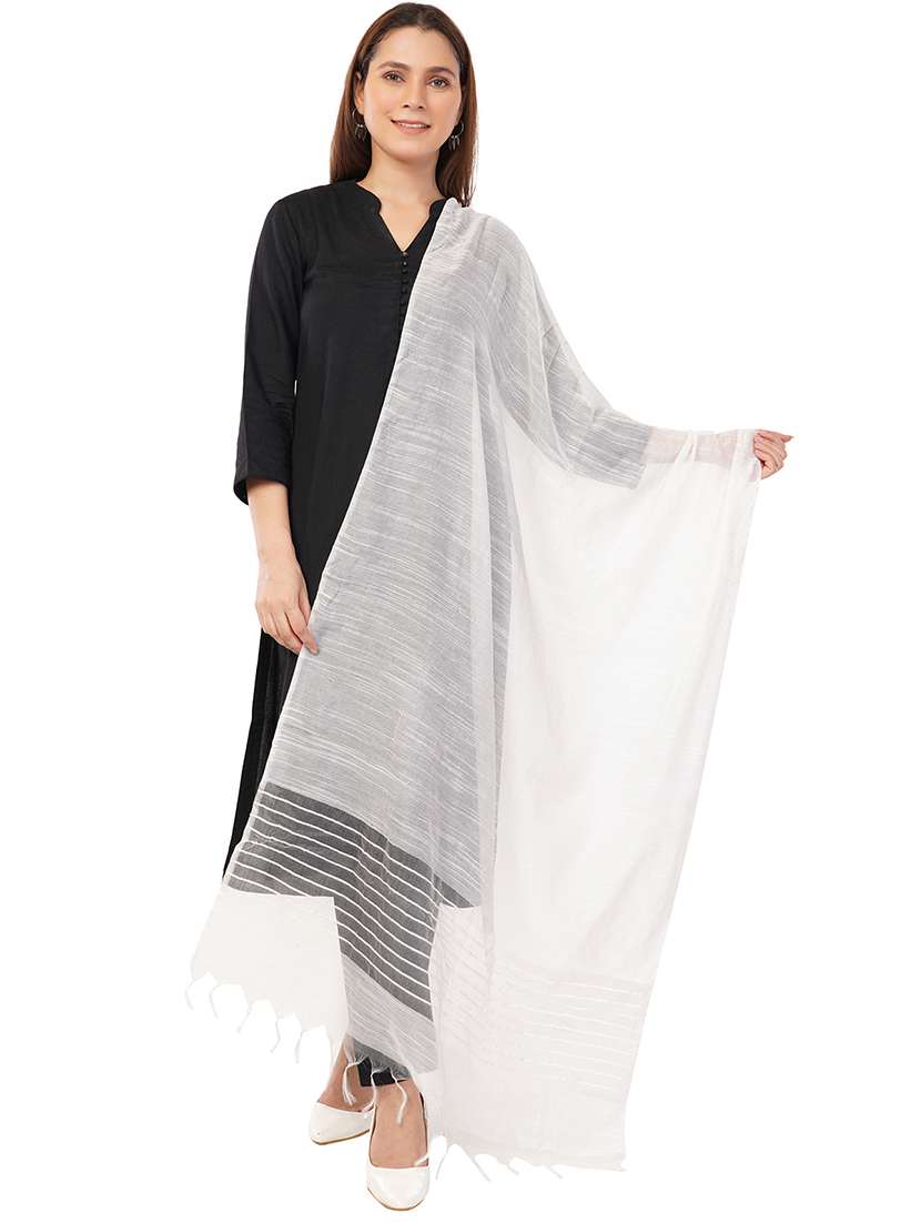 women dupatta with self linen like body with tiny sequins highlighting the edges - 22070605 -  Zoom Image - 0
