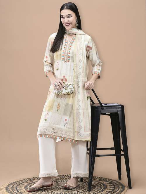women printed three quarter sleeve kurta pant with dupatta set - 22070681 -  Standard Image - 0