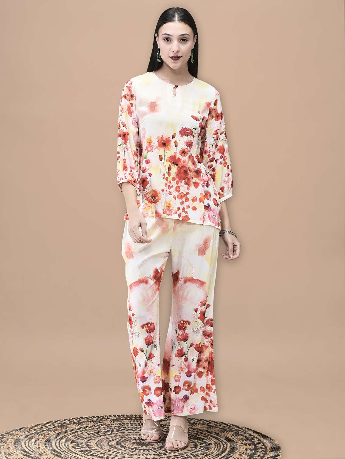 women floral three quarter sleeve ethnic co-ord set - 22070684 - Zoom Image - 0