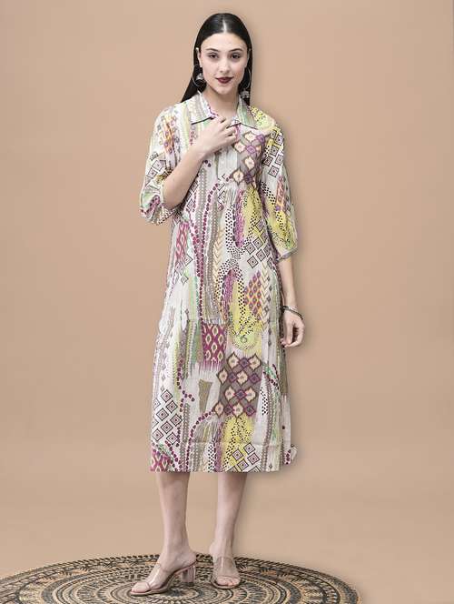 women ikat printed three quarter sleeve ethnic dress - 22070686 -  Standard Image - 0