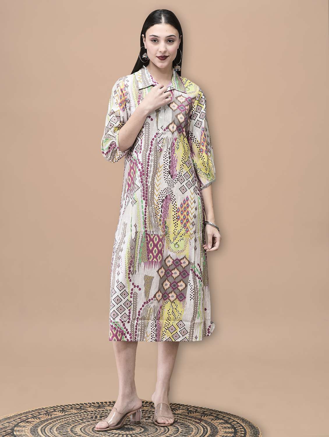 women ikat printed three quarter sleeve ethnic dress - 22070686 -  Zoom Image - 0