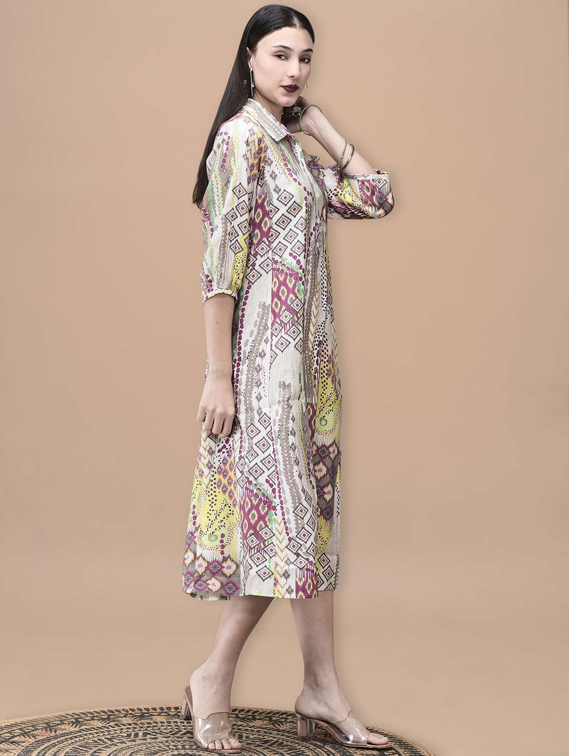 women ikat printed three quarter sleeve ethnic dress - 22070686 - Standard Image - 3