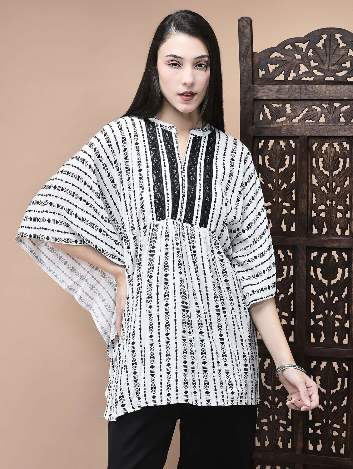 women printed mandarin neck kimono sleeve tunic - 22070689 -  Zoom Image - 0