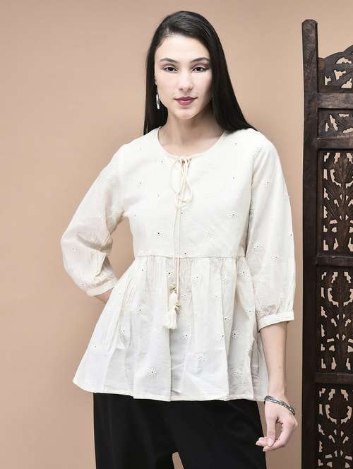 women embroidered tie-up neck flared tunic - 22070690 -  Standard Image - 0