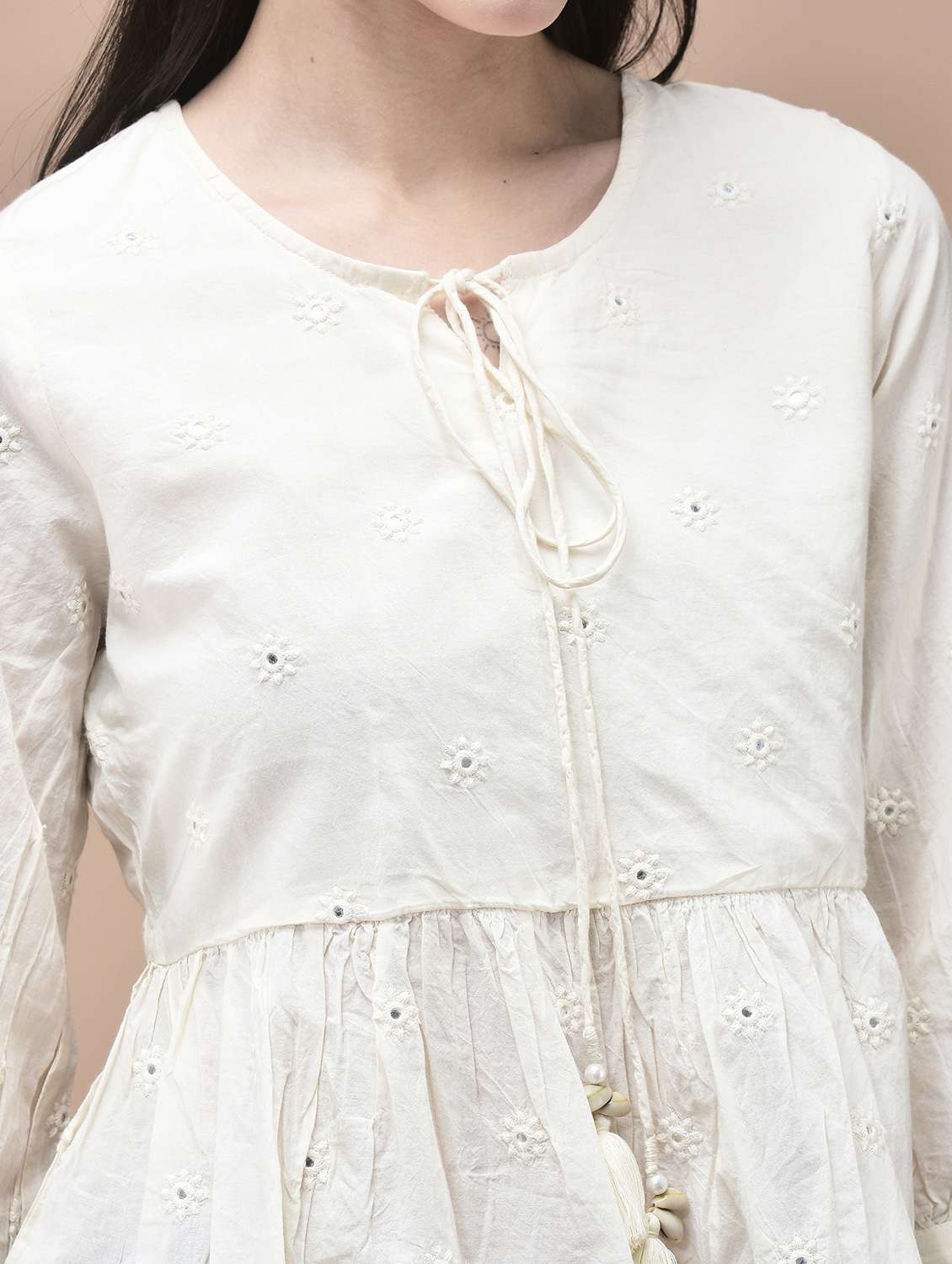 women embroidered tie-up neck flared tunic - 22070690 -  Standard Image - 5