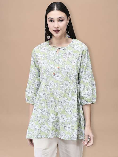 women printed tie-up neck puff sleeve kurti - 22070691 - Standard Image - 0