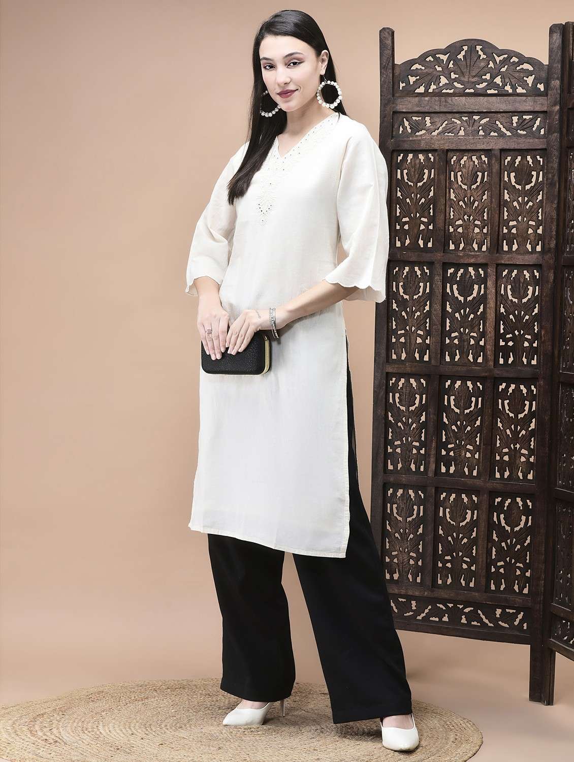 women solid with work three quarter sleeve straight kurta