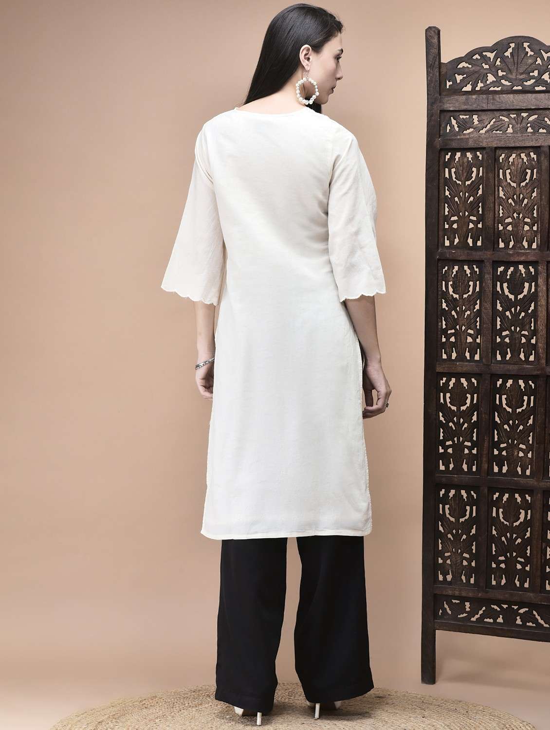 women solid with work three quarter sleeve straight kurta - 22070839 - Standard Image - 3