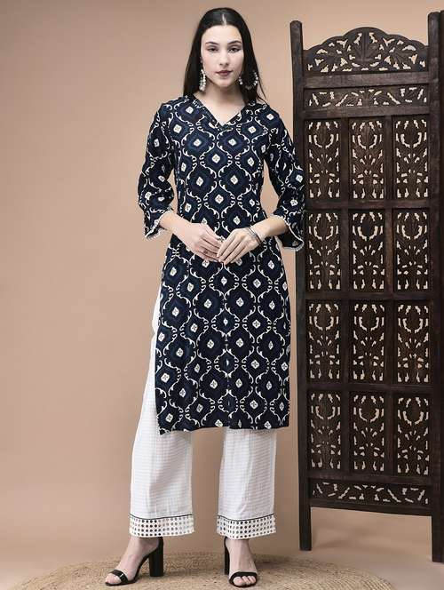 women printed three quarter sleeve straight kurta - 22070840 - Standard Image - 0