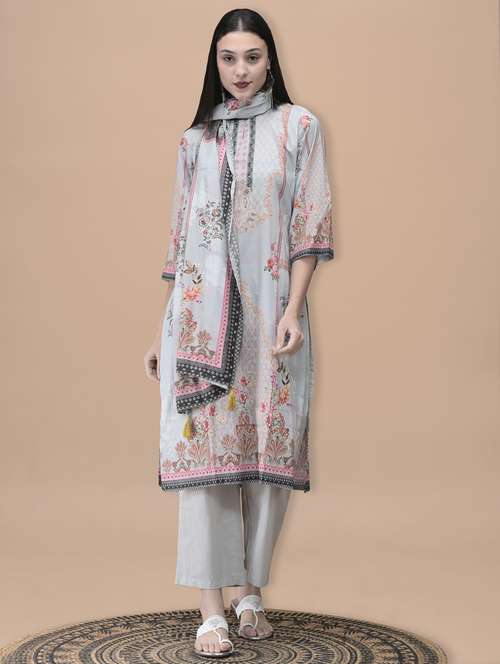 women printed three quarter sleeve kurta pant with dupatta set - 22070842 - Standard Image - 0